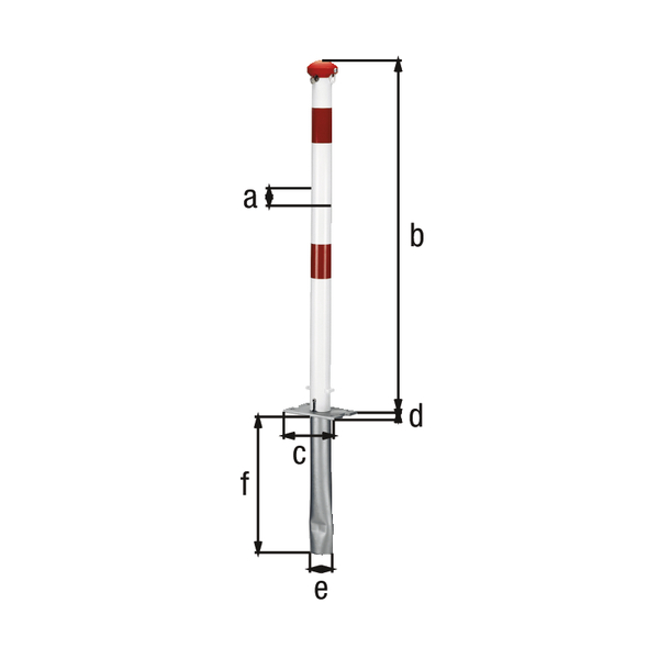 Absperrpfosten Grünenthal, umlegbar, Material: Stahl roh, Oberfläche: feuerverzinkt, weiß kunststoffbeschichtet mit zwei roten, reflektierenden Ringen, zum Einbetonieren, gleichschließendes Profilzylinderschloss mit drei Schlüsseln, Pfosten-Ø: 60 mm, Höhe über Boden: 1000 mm, Plattenlänge: 160 mm, Plattenbreite: 100 mm, Bodenhülsen-Ø: 60 mm, Länge Bodenhülse: 400 mm, Verschließbarkeit: Profilzylinderschloss, Bodenplatte: 160 x 100 mm, Anzahl Ösen: 1, Anzahl Notglieder: 2, Anzahl Löcher: 4, Loch: Ø9 mm