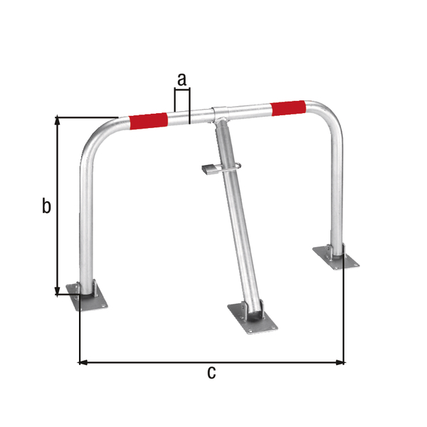 Parkplatzbügel Friedlin, umlegbar, Material: Stahl roh, Oberfläche: feuerverzinkt mit zwei roten, reflektierenden Ringen, zum Aufschrauben, Bügel-Ø: 35 mm, Höhe über Boden: 440 mm, Breite: 750 mm, Bodenplatte: 150 x 80 mm, Anzahl Löcher: 9, Loch: Ø11 mm