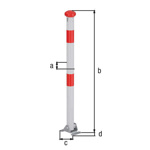 Bollard Grünenthal, foldable, Material: raw steel, Surface: hot-dip galvanised, white powder-coated with two red, reflecting rings, for screwing on, master keyed profile cylinder lock with three keys, Post dia.: 60 mm, Height above ground: 1000 mm, Plate length: 160 mm, Plate width: 100 mm, Ground plate: 160 x 100 mm, No. of eyes: 0, No. of chain safety links: 0, No. of holes: 4, Hole: Ø9 mm