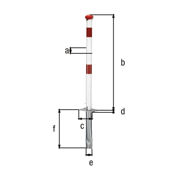 Absperrpfosten Grünenthal, umlegbar, Material: Stahl roh, Oberfläche: feuerverzinkt, weiß kunststoffbeschichtet mit zwei roten, reflektierenden Ringen, zum Einbetonieren, gleichschließendes Profilzylinderschloss mit drei Schlüsseln, Pfosten-Ø: 60 mm, Höhe über Boden: 1000 mm, Plattenlänge: 160 mm, Plattenbreite: 100 mm, Bodenhülsen-Ø: 60 mm, Länge Bodenhülse: 400 mm, Verschließbarkeit: Profilzylinderschloss, Bodenplatte: 160 x 100 mm, Anzahl Ösen: 0, Anzahl Notglieder: 0, Anzahl Löcher: 4, Loch: Ø9 mm