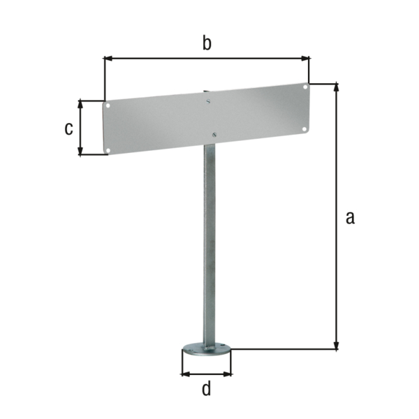 Number plate fixing, Material: raw steel, Surface: hot-dip galvanised, for screwing on, Total height: 555 mm, Plate length: 520 mm, Plate height: 110 mm, T iron: 30 x 30 mm, Ground plate-Ø: 100 mm