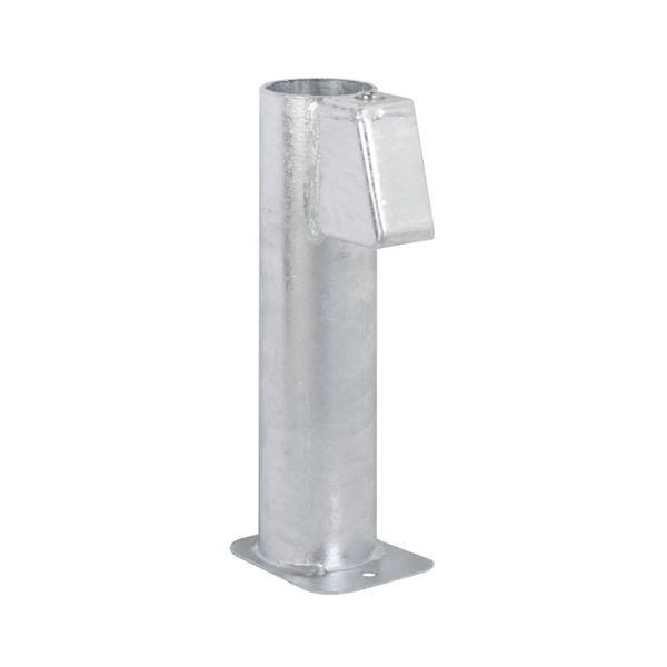 Ground sleeve for sign posts, with mounted clamp jaw, Material: raw steel, Surface: hot-dip galvanised, Length: 300 mm, Plate: 112 x 87 mm, For tube-Ø: 60 mm, No. of holes: 1, Hole: Ø10 mm