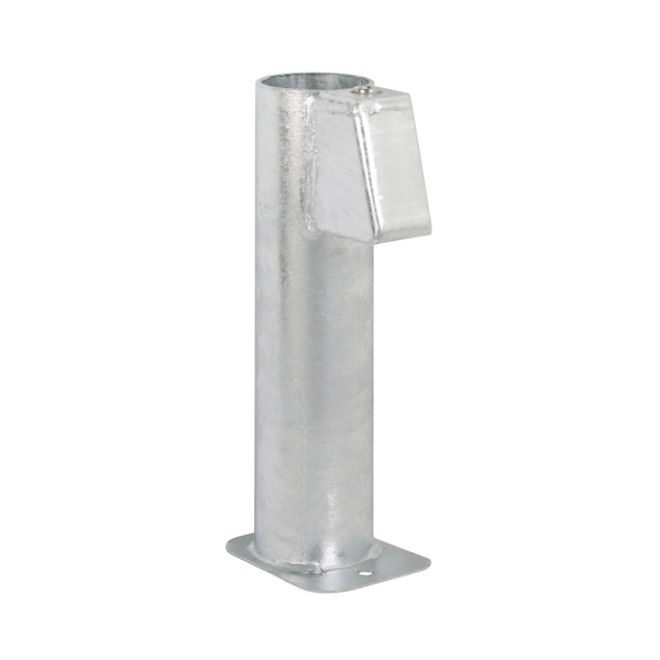 Bodenhülse für Schilderpfosten, mit montierter Klemmbacke, Material: Stahl roh, Oberfläche: feuerverzinkt, Länge: 500 mm, Platte: 112 x 87 mm, für Rohr-Ø: 76 mm, Anzahl Löcher: 1, Loch: Ø10 mm
