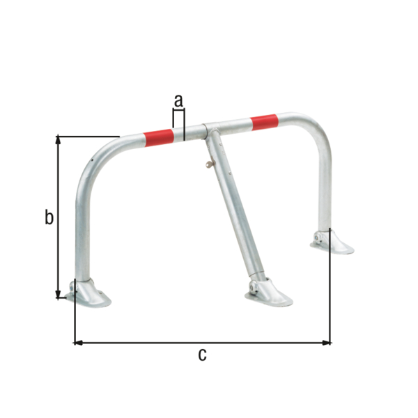 Parking hoop Spielberg, foldable, Material: raw steel, Surface: hot-dip galvanised with two red, reflecting rings, for screwing on, eye-Ø: 45 mm, Height above ground: 450 mm, Width: 950 mm, Ground plate: 160 x 121 mm, No. of holes: 6, Hole: Ø15 mm