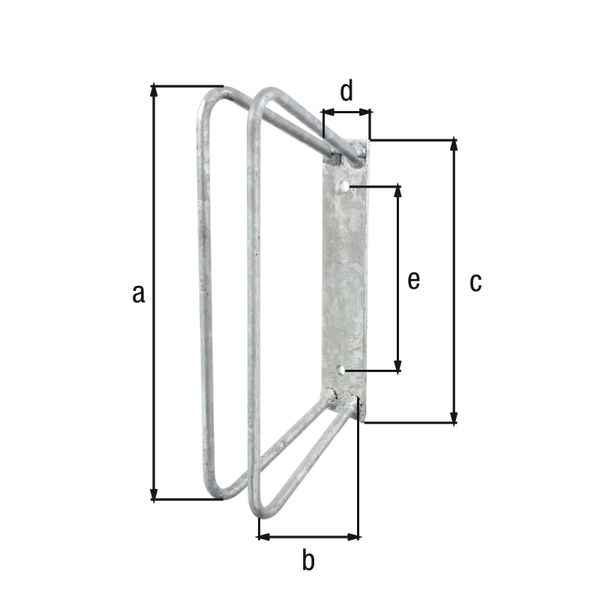 Single bicycle holder, for fixing to the wall, Material: raw steel, Surface: hot-dip galvanised, eye height: 350 mm, Bracket depth: 140 mm, Plate length: 240 mm, Plate width: 45 mm, Distance from middle to middle of hole: 161 mm, Stand angle: 90 °, Maximum clip distance: 20 - 42 mm