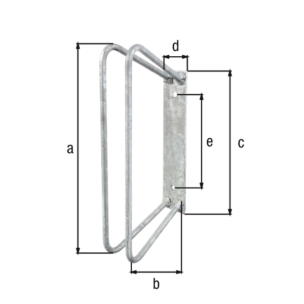 Soportes individuales para bicicletas, para la fijación mural, Material: Acero crudo, Superficie: galvanizado en caliente, Altura del estribo: 350 mm, 140 mm, Longitud de la pletina: 240 mm, Anchura de la pletina: 45 mm, Distancia del centro hasta el centro del agujero : 161 mm, Soporte en un ángulo de: 90 °, Distancia entre los brazos: 20 - 42 mm