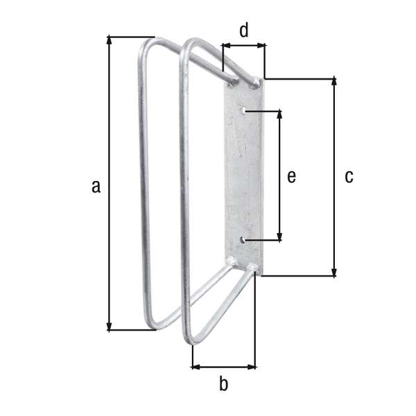 Single bicycle holder for mountain bikes, for fixing to the wall, Material: raw steel, Surface: hot-dip galvanised, eye height: 350 mm, Bracket depth: 140 mm, Plate length: 240 mm, Plate width: 60 mm, Distance from middle to middle of hole: 161 mm, Stand angle: 90 °, Maximum clip distance: 65 mm