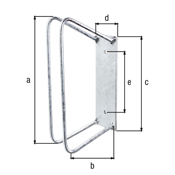 Single bicycle holder for mountain bikes, for fixing to the wall, Material: raw steel, Surface: hot-dip galvanised, eye height: 350 mm, Bracket depth: 170 mm, Plate length: 240 mm, Plate width: 70 mm, Distance from middle to middle of hole: 161 mm, Stand angle: 45 °, Maximum clip distance: 65 mm