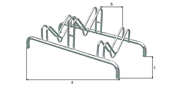 Multiple bicycle stand, free-standing, Material: raw steel, Surface: hot-dip galvanised passivated, frame with drilled holes for screwing on, Length: 1000 mm, Distance centre - centre of bracket: 300 mm, Depth: 515 mm, Frame thickness Ø: 28 mm, Clip Ø: 16 mm, No. of parking spaces: 3