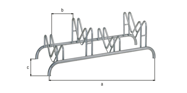 Mehrfach-Fahrradständer, freistehend, Material: Stahl roh, Oberfläche: feuerverzinkt passiviert, Rahmen mit Bohrungen zum Aufschrauben, Länge: 1150 mm, Abstand Mitte - Mitte Halter: 300 mm, Tiefe: 515 mm, Rahmenstärke-Ø: 28 mm, Bügel-Ø: 16 mm, Anzahl Einstellplätze: 4