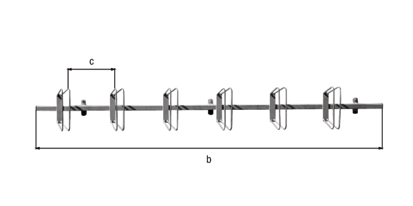 Fahrradständer Hagen, Reihenanlage, Material: Stahl roh, Oberfläche: feuerverzinkt passiviert, Wandelement ohne Pfosten zum Anschrauben, Gesamtlänge mit Pfosten: Gesamtlänge ohne Pfosten: 2990 mm, Abstand Mitte - Mitte Halter: 500 mm, Rahmenstärke: 40 x 40 mm, Loch: Ø10 mm