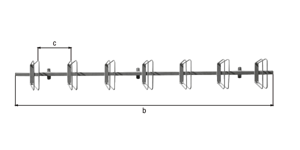 Fahrradständer Hagen, Reihenanlage, Material: Stahl roh, Oberfläche: feuerverzinkt passiviert, Wandelement ohne Pfosten zum Anschrauben, Gesamtlänge mit Pfosten: Gesamtlänge ohne Pfosten: 2990 mm, Abstand Mitte - Mitte Halter: 434 mm, Vierkantrohr: 60 x 60 mm, Rahmenstärke: 40 x 40 mm, Halter im Winkel von: 45 °, Bügel-Ø: 10 mm, Anzahl Einstellplätze: 7, Loch: Ø10 mm