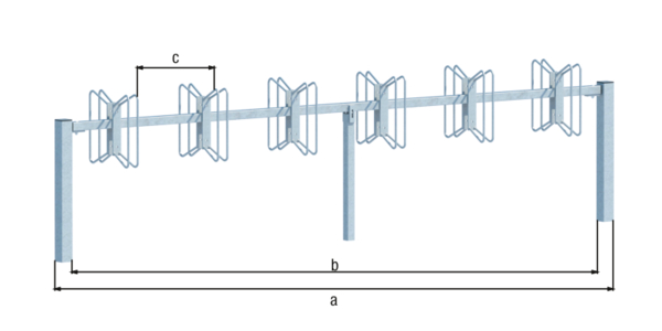 Fahrradständer Hagen, Reihenanlage, Material: Stahl roh, Oberfläche: feuerverzinkt passiviert, Grundelement mit Pfosten, Haltebügel doppelseitig, zum Einbetonieren, Gesamtlänge mit Pfosten: 3120 mm, Gesamtlänge ohne Pfosten: 3000 mm, Abstand Mitte - Mitte Halter: 500 mm, Rahmenstärke: 40 x 40 mm, Loch: Ø10 mm