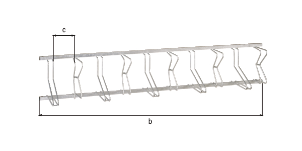 Bicycle stands Bremen, multiple parking system, Material: raw steel, Surface: hot-dip galvanised passivated, wall element without posts, for screwing on, Total length with post: Total length without post: 2990 mm, Distance centre - centre of bracket: 306 mm, Square tube: 60 x 60 mm, Frame thickness: 40 x 40 mm, Stand angle: 90 °, Clip Ø: 16 mm, No. of parking spaces: 10