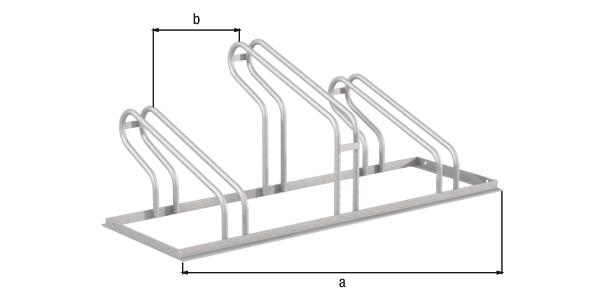 Bicycle stand City, free-standing, Material: raw steel, Surface: hot-dip galvanised passivated, mounting bracket, single-sided, Length: 1050 mm, Distance centre - centre of bracket: 350 mm, Total width: 489 mm, Total height: 412 mm, Frame thickness: 25 x 25 mm, Clip Ø: 16 mm, No. of parking spaces: 3