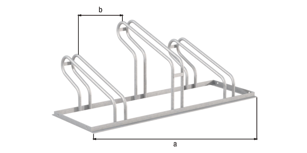 Fahrradständer City, freistehend, Material: Stahl roh, Oberfläche: feuerverzinkt passiviert, Haltebügel einseitig, Länge: 1050 mm, Abstand Mitte - Mitte Halter: 350 mm, Gesamtbreite: 489 mm, Gesamthöhe: 412 mm, Rahmenstärke: 25 x 25 mm, Bügel-Ø: 16 mm, Anzahl Einstellplätze: 3