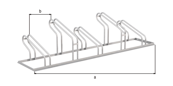 Fahrradständer City, freistehend, Material: Stahl roh, Oberfläche: feuerverzinkt passiviert, Haltebügel einseitig, Länge: 1750 mm, Abstand Mitte - Mitte Halter: 350 mm, Gesamtbreite: 489 mm, Gesamthöhe: 412 mm, Rahmenstärke: 25 x 25 mm