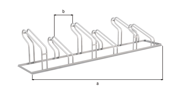 Fahrradständer City, freistehend, Material: Stahl roh, Oberfläche: feuerverzinkt passiviert, Haltebügel einseitig, Länge: 2100 mm, Abstand Mitte - Mitte Halter: 350 mm, Gesamtbreite: 489 mm, Gesamthöhe: 412 mm, Rahmenstärke: 25 x 25 mm, Bügel-Ø: 16 mm, Anzahl Einstellplätze: 6