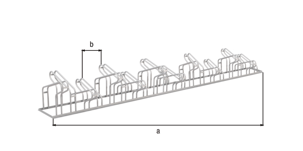 Fahrradständer City, freistehend, Material: Stahl roh, Oberfläche: feuerverzinkt passiviert, Haltebügel doppelseitig, Länge: 3500 mm, Abstand Mitte - Mitte Halter: 350 mm, Gesamtbreite: 489 mm, Gesamthöhe: 412 mm, Rahmenstärke: 25 x 25 mm