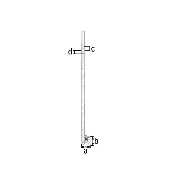 Universal post welded to the plate with 70 mm gap, for fixing to the stringer side of stairs, walls etc., Material: raw steel, Surface: hot-dip galvanised, for screwing on, Plate length: 100 mm, Plate width: 100 mm, Width post: 30 mm, Depth of post: 30 mm, Length: 1150 mm, Material thickness: 2.00 mm, No. of holes: 4, Hole: Ø10.5 mm