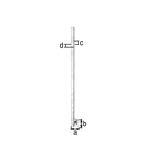 Universalpfosten mit 70 mm Abstand gegen Platte geschweißt, zur Befestigung an der Wangenseite von Treppen, Mauern etc., Material: Stahl roh, Oberfläche: feuerverzinkt, zum Aufschrauben, Plattenlänge: 100 mm, Plattenbreite: 100 mm, Breite Pfosten: 30 mm, Tiefe Pfosten: 30 mm, Länge: 1150 mm, Materialstärke: 2,00 mm, Anzahl Löcher: 4, Loch: Ø10,5 mm