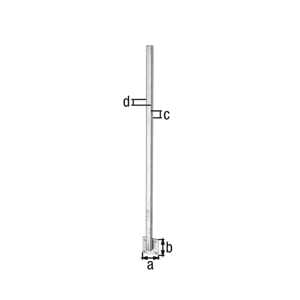 Universalpfosten mit 120 mm Abstand gegen Platte geschweißt, zur Befestigung an der Wangenseite von Treppen, Mauern etc., Material: Stahl roh, Oberfläche: feuerverzinkt, zum Aufschrauben, Plattenlänge: 100 mm, Plattenbreite: 100 mm, Breite Pfosten: 30 mm, Tiefe Pfosten: 30 mm, Länge: 1150 mm, Materialstärke: 2,00 mm, Anzahl Löcher: 4, Loch: Ø10,5 mm