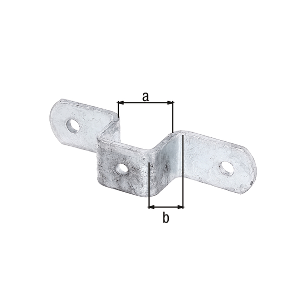Fixing plate for universal posts, for fixing cross pieces to 30 x 30 mm posts, Material: raw steel, Surface: hot-dip galvanised, Inside dimension: 30 mm, Internal width: 30 mm, Leg length: 135 mm