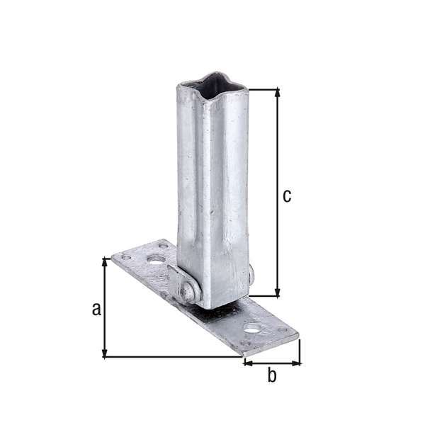 Handrail support for universal posts, for fixing handrails made of wood, aluminium etc., Material: raw steel, Surface: hot-dip galvanised, Length: 104 mm, Width: 30 mm, Height: 100 mm, adjustable from: 45 - 90 