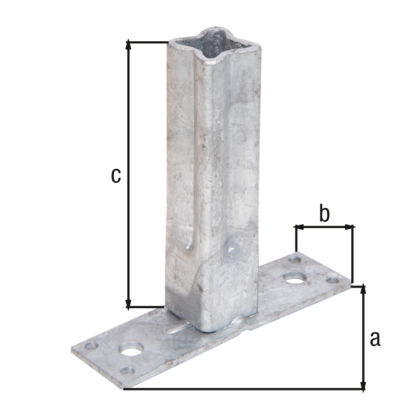 Apoyo de pasamanos para poste universal, para la fijación de pasamanos de madera, de aluminio etc., Material: Acero crudo, Superficie: galvanizado en caliente, Longitud: 104 mm, Anchura: 30 mm, Altura: 100 mm