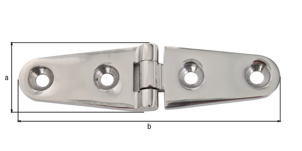 Hinge, with countersunk screw holes, Material: stainless steel, V4A / AISI 316 / DIN 1.4401, Contents per PU: 1 Piece, Length: 25 mm, Width: 100 mm, Material thickness: 4.00 mm, No. of holes: 4, Hole: Ø5.5 mm, Retail packaged