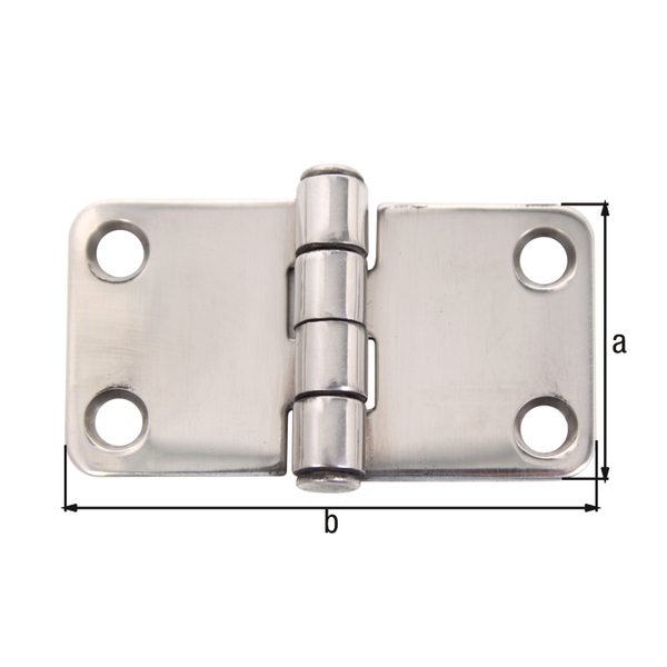 Hinge, with countersunk screw holes, Material: stainless steel, V4A / AISI 316 / DIN 1.4401, Contents per PU: 1 Piece, Length: 38 mm, Width: 68 mm, Material thickness: 2.00 mm, No. of holes: 4, Hole: Ø5.5 mm, Retail packaged