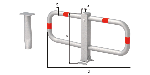 Parkplatzbügel Stoppy I, umlegbar, Material: Stahl roh, Oberfläche: feuerverzinkt passiviert mit vier roten, reflektierenden Ringen, zum Einbetonieren, gleichschließendes Profilzylinderschloss mit drei Schlüsseln, Pfosten: 70 x 70 mm, Bügel-Ø: 48 mm, Höhe über Boden: 450 mm, Breite: 950 mm, Anzahl Löcher: 4, Loch: Ø9 mm