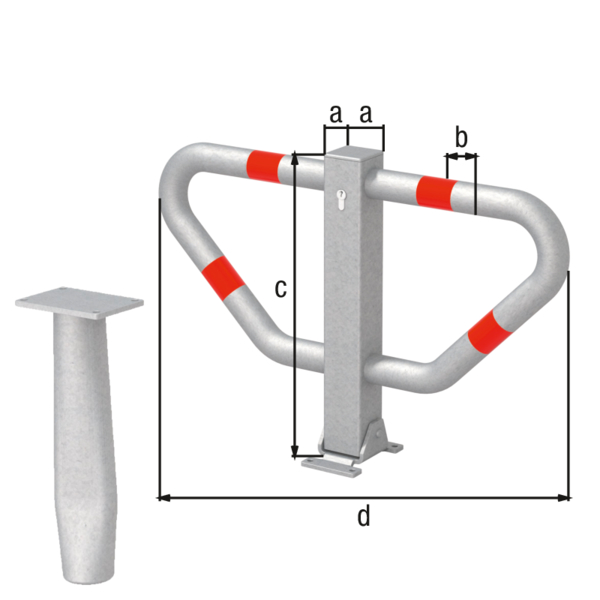 Parkplatzbügel Stoppy II, umlegbar, Material: Stahl roh, Oberfläche: feuerverzinkt passiviert mit vier roten, reflektierenden Ringen, zum Einbetonieren, gleichschließendes Profilzylinderschloss mit drei Schlüsseln, Pfosten: 70 x 70 mm, Bügel-Ø: 48 mm, Höhe über Boden: 450 mm, Breite: 750 mm, Verschließbarkeit: Profilzylinderschloss, Bodenplatte: 160 x 100 mm, Anzahl Löcher: 4, Loch: Ø9 mm