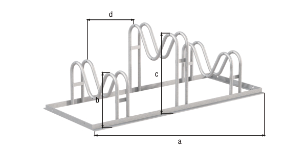 Bicycle stand Ville, free-standing, Material: raw steel, Surface: hot-dip galvanised passivated, mounting bracket, single-sided, Length: 1050 mm, Height of bracket: 200 mm, Height of bracket: 340 mm, Distance centre - centre of bracket: 350 mm, Total width: 446 mm, Total height: 370 mm, Frame thickness: 25 x 25 mm, Clip Ø: 16 mm, No. of parking spaces: 3