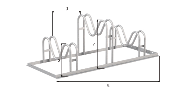 Fahrradständer Ville, freistehend, Material: Stahl roh, Oberfläche: feuerverzinkt passiviert, Haltebügel einseitig, Länge: 1050 mm, Höhe Halter: 200 mm, Höhe Halter: 340 mm, Abstand Mitte - Mitte Halter: 350 mm, Gesamtbreite: 446 mm, Gesamthöhe: 370 mm, Rahmenstärke: 25 x 25 mm, Bügel-Ø: 16 mm, Anzahl Einstellplätze: 3