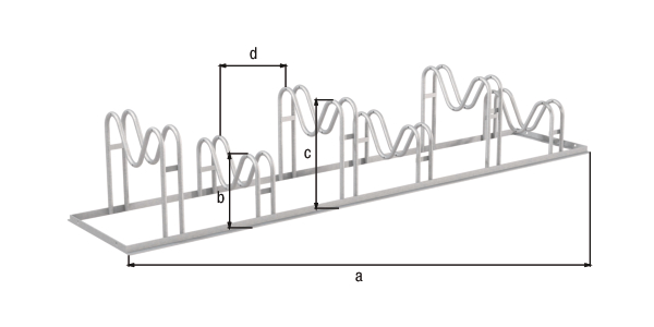 Bicycle stand Ville, free-standing, Material: raw steel, Surface: hot-dip galvanised passivated, mounting bracket, single-sided, Length: 2100 mm, Height of bracket: 200 mm, Height of bracket: 340 mm, Distance centre - centre of bracket: 350 mm, Total width: 446 mm, Total height: 370 mm, Frame thickness: 25 x 25 mm, Clip Ø: 16 mm, No. of parking spaces: 6