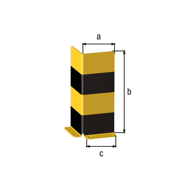 L-shaped duty pallet racking protector, Material: raw steel, Surface: primed, yellow powder-coated RAL 1018 with black, reflecting rings, for screwing on, Width: 160 mm, Height: 400 mm, Width of screw-on plate: 140 mm, Material thickness: 6.00 mm, No. of holes: 4, Hole: Ø14 mm, Label: without