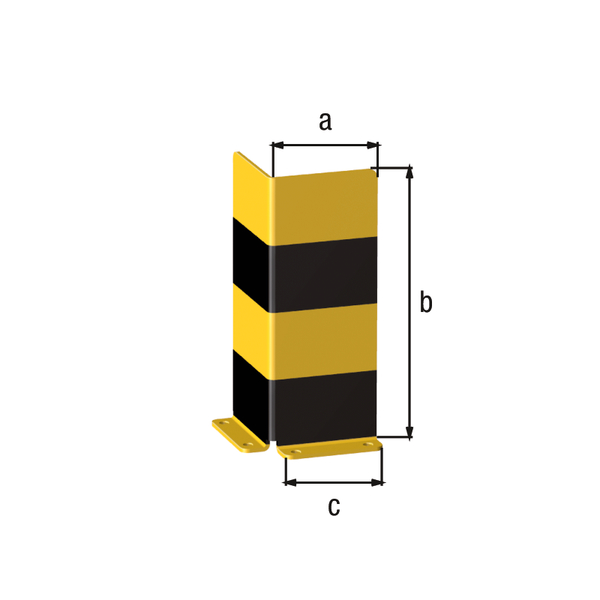 Rammschutz-L-Winkel, Material: Stahl roh, Oberfläche: grundiert, gelb kunststoffbeschichtet RAL 1018 mit schwarzen, reflektierenden Ringen, zum Aufschrauben, Breite: 160 mm, Höhe: 400 mm, Breite Anschraubplatte: 140 mm, Materialstärke: 6,00 mm, Anzahl Löcher: 4, Loch: Ø14 mm, Etikett: ohne