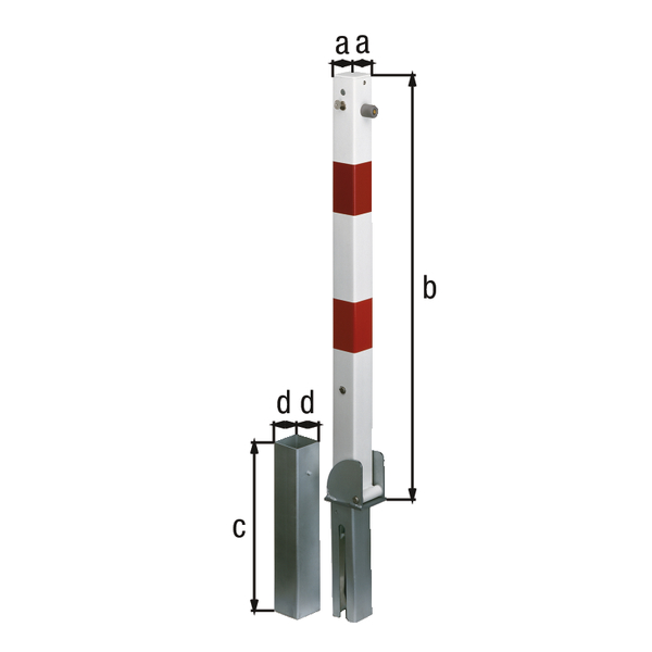 Absperrpfosten Der Clou, herausnehmbar und umlegbar, Material: Stahl roh, Oberfläche: feuerverzinkt, weiß kunststoffbeschichtet, zum Einbetonieren, Pfosten: 70 x 70 mm, Höhe über Boden: 1000 mm, Länge Bodenhülse: 400 mm, Bodenhülse: 80 x 80 mm, Anzahl Ösen: 0