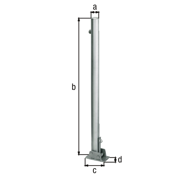 Bollard Locky, round, foldable, Material: raw steel, Surface: hot-dip galvanised passivated, for screwing on, Post dia.: 60 mm, Height above ground: 1000 mm, Plate length: 160 mm, Plate width: 100 mm