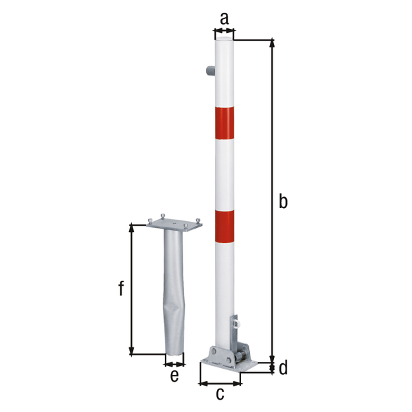 Bollard Locky-Bo, round, foldable, Material: raw steel, Surface: hot-dip galvanised passivated, for setting in concrete, Post dia.: 60 mm, Height above ground: 1000 mm, Plate length: 160 mm, Plate width: 100 mm, Ground sleeve dia.: 60 mm, Length of ground sleeve: 400 mm, Ground plate: 150 x 100 mm