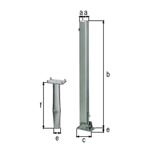 Bollard Locky-Bo, angular, foldable, Material: raw steel, Surface: hot-dip galvanised passivated, for setting in concrete, Post: 70 x 70 mm, Height above ground: 1000 mm, Plate length: 160 mm, Plate width: 100 mm, Ground sleeve dia.: 60 mm, Length of ground sleeve: 400 mm, Ground plate: 150 x 100 mm