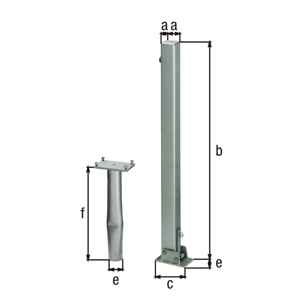 Absperrpfosten Locky-Bo, eckig, umlegbar, Material: Stahl roh, Oberfläche: feuerverzinkt passiviert, zum Einbetonieren, Pfosten: 70 x 70 mm, Höhe über Boden: 1000 mm, Plattenlänge: 160 mm, Plattenbreite: 100 mm, Bodenhülsen-Ø: 60 mm, Länge Bodenhülse: 400 mm, Bodenplatte: 150 x 100 mm