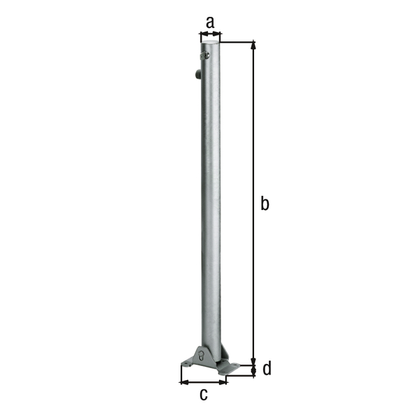 Bollard Klappy, round, foldable, Material: raw steel, Surface: hot-dip galvanised passivated, for screwing on, master keyed profile cylinder lock with three keys, Post dia.: 60 mm, Height above ground: 1000 mm, Plate length: 160 mm, Plate width: 100 mm, Ground plate: 160 x 100 mm, No. of holes: 4, Hole: Ø9 mm