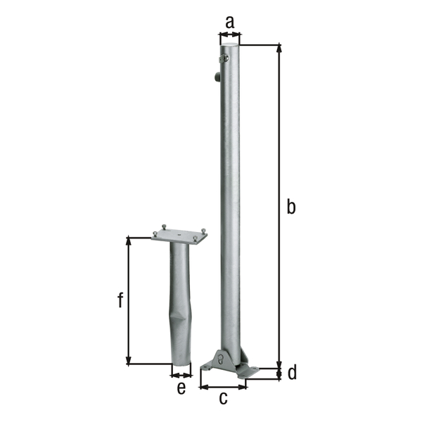 Bollard Klappy-Bo, round, foldable, Material: raw steel, Surface: hot-dip galvanised passivated, for setting in concrete, master keyed profile cylinder lock with three keys, Post dia.: 60 mm, Height above ground: 1000 mm, Plate length: 160 mm, Plate width: 100 mm, Ground sleeve dia.: 60 mm, Length of ground sleeve: 400 mm, Ground plate: 160 x 100 mm, No. of holes: 4, Hole: Ø9 mm