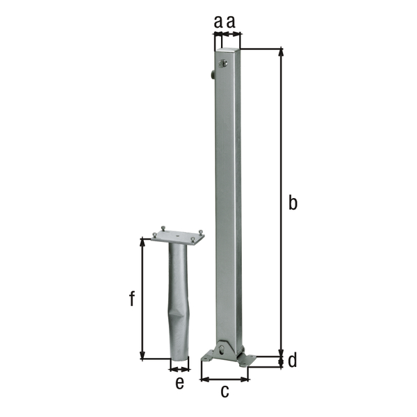 Bollard Klappy-Bo, angular, foldable, Material: raw steel, Surface: hot-dip galvanised passivated, for setting in concrete, master keyed profile cylinder lock with three keys, Post: 70 x 70 mm, Height above ground: 1000 mm, Plate length: 160 mm, Plate width: 100 mm, Ground sleeve dia.: 60 mm, Length of ground sleeve: 400 mm, Ground plate: 160 x 100 mm, No. of holes: 4, Hole: Ø9 mm