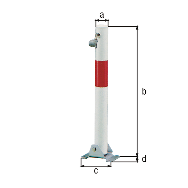 Bollard Little, round, foldable, Material: raw steel, Surface: hot-dip galvanised, white powder-coated with one red, reflecting ring, for screwing on, master keyed profile cylinder lock with three keys, Post dia.: 60 mm, Height above ground: 600 mm, Plate length: 160 mm, Plate width: 100 mm, Ground plate: 160 x 100 mm, No. of holes: 4, Hole: Ø9 mm