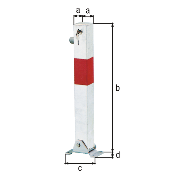 Bollard Little, angular, foldable, Material: raw steel, Surface: hot-dip galvanised, white powder-coated with one red, reflecting ring, for screwing on, master keyed profile cylinder lock with three keys, Post: 70 x 70 mm, Height above ground: 600 mm, Plate length: 160 mm, Plate width: 100 mm, Ground plate: 160 x 100 mm, No. of holes: 4, Hole: Ø9 mm