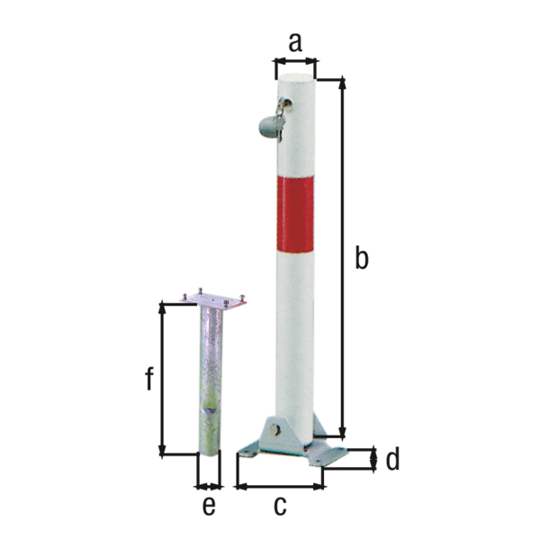 Absperrpfosten Little-Bo, rund, umlegbar, Material: Stahl roh, Oberfläche: feuerverzinkt, weiß kunststoffbeschichtet mit einem roten, reflektierenden Ring, zum Einbetonieren, gleichschließendes Profilzylinderschloss mit drei Schlüsseln, Pfosten-Ø: 60 mm, Höhe über Boden: 600 mm, Plattenlänge: 160 mm, Plattenbreite: 100 mm, Bodenhülsen-Ø: 60 mm, Länge Bodenhülse: 400 mm, Anzahl Löcher: 4, Loch: Ø9 mm