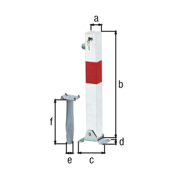 Bollard Little-Bo, angular, foldable, Material: raw steel, Surface: hot-dip galvanised, white powder-coated with one red, reflecting ring, for setting in concrete, master keyed profile cylinder lock with three keys, Post: 70 x 70 mm, Height above ground: 600 mm, Plate length: 160 mm, Plate width: 100 mm, Ground sleeve dia.: 60 mm, Length of ground sleeve: 400 mm, Ground plate: 160 x 100 mm, No. of holes: 4, Hole: Ø9 mm